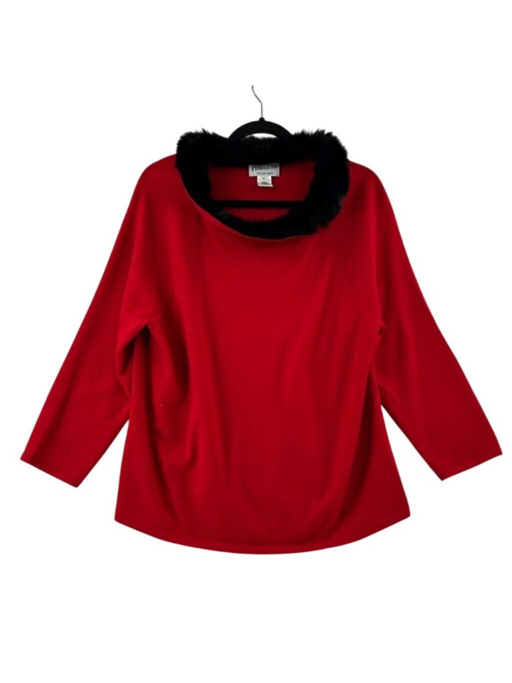 Pendleton Sweater Womens XL Red Black Fur Trim Wool & Cashmere Blend Pullover